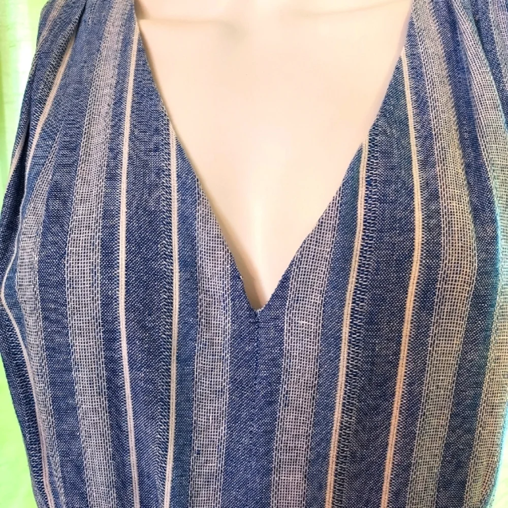 Calvin Klein Striped Linen & Rayon Jumpsuit in a Denim Blue & White. - Picture 8 of 16